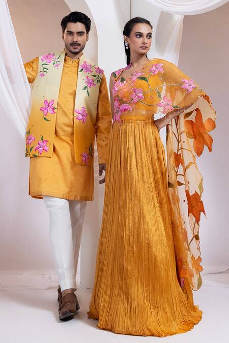 Shop Smriti By Anju Agarwal Orange Chinon, Crepe, Organza Embroidery Round Neck Emberfall Lehenga Set Online at Aza Fashions Shop_Smriti By Anju Agarwal_Orange Chinon, Crepe, Organza Embroidery Round Neck Emberfall Lehenga Set _Online_at_Aza_Fashions