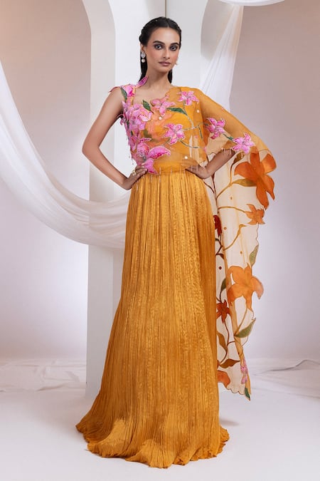 Smriti By Anju Agarwal Orange Chinon, Crepe, Organza Embroidery Round Neck Emberfall Lehenga Set 