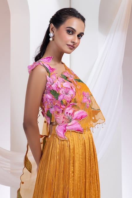 Smriti By Anju Agarwal Orange Chinon, Crepe, Organza Embroidery Round Neck Emberfall Lehenga Set at Aza Fashions Smriti By Anju Agarwal_Orange Chinon, Crepe, Organza Embroidery Round Neck Emberfall Lehenga Set _at_Aza_Fashions