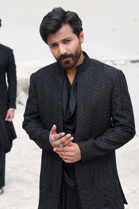 Amit Arora_Black Polyester, Twill, Modal Embroidery Hand Jacket With Kurta Set _Online_at_Aza_Fashions