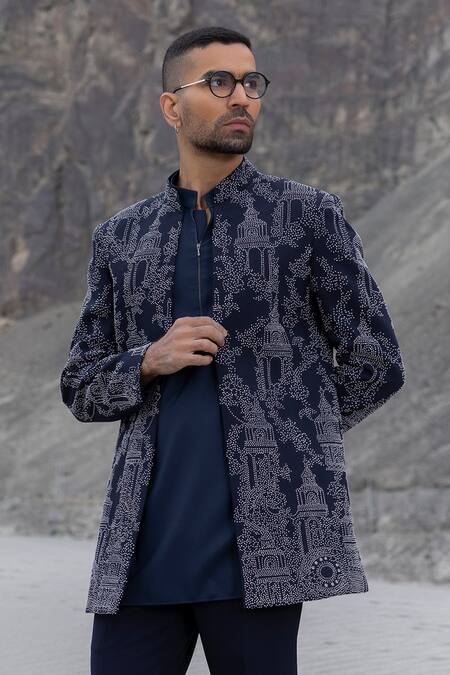 Amit Arora_Navy Polyester, Modal Embroidery Hand Jacket With Kurta Set _Online_at_Aza_Fashions