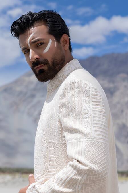 Amit Arora Cream Polyester, Silk, Jacquard, Twill Hand Sherwani Jacket And Kurta Set Online at Aza Fashions Amit Arora_Cream Polyester, Silk, Jacquard, Twill Hand Sherwani Jacket And Kurta Set _Online_at_Aza_Fashions