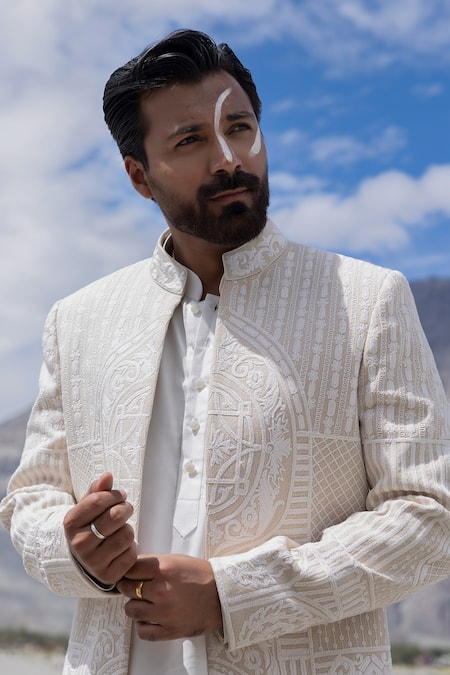 Buy Amit Arora Cream Polyester, Silk, Jacquard, Twill Hand Sherwani Jacket And Kurta Set Online at Aza Fashions Buy_Amit Arora_Cream Polyester, Silk, Jacquard, Twill Hand Sherwani Jacket And Kurta Set _Online_at_Aza_Fashions