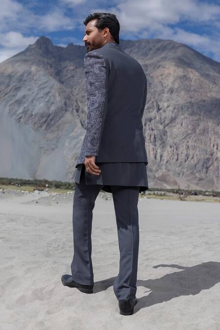 Amit Arora_Gray Polyester, Lycra, Knit, Twill Embroidery Hand Sherwani Jacket Kurta Set _Online_at_Aza_Fashions