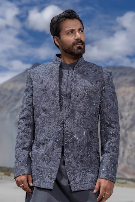 Buy_Amit Arora_Gray Polyester, Lycra, Knit, Twill Embroidery Hand Sherwani Jacket Kurta Set _Online_at_Aza_Fashions