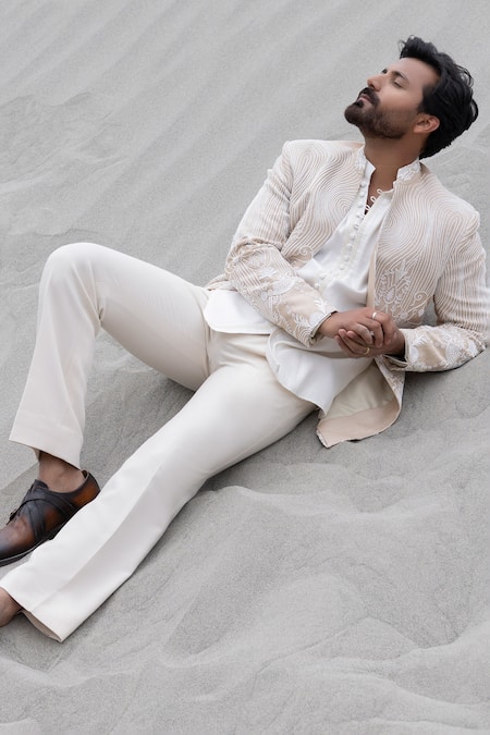Amit Arora_Beige Silk, Polyester, Knit Embroidery Hand Sherwani Jacket With Kurta Set _Online_at_Aza_Fashions