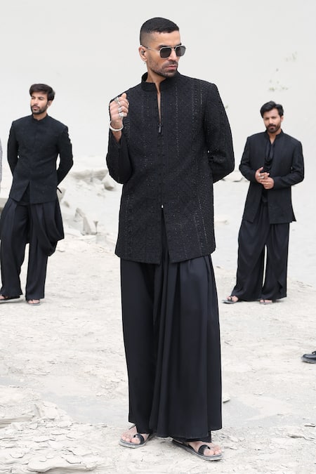 Amit Arora_Black Polyester, Knit, Modal Embroidery Hand Short Jacket With Flared Pant _Online_at_Aza_Fashions