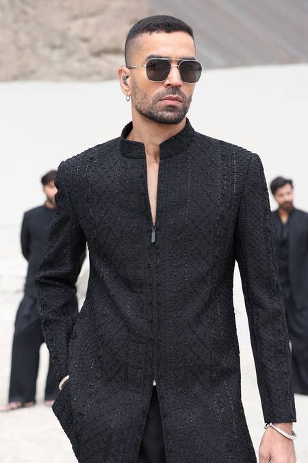 Buy_Amit Arora_Black Polyester, Knit, Modal Embroidery Hand Short Jacket With Flared Pant _Online_at_Aza_Fashions