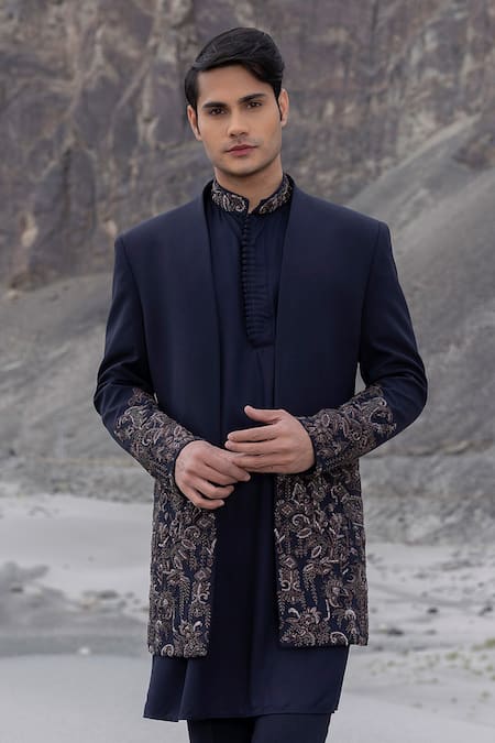 Amit Arora Navy Polyester, Knit, Modal, Twill Embroidery Floral Hand Sherwani Jacket Set Online at Aza Fashions Amit Arora_Navy Polyester, Knit, Modal, Twill Embroidery Floral Hand Sherwani Jacket Set _Online_at_Aza_Fashions