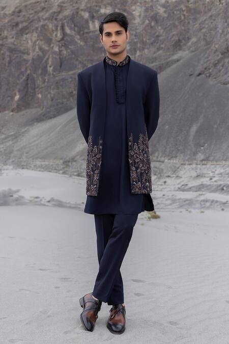 Shop Amit Arora Navy Polyester, Knit, Modal, Twill Embroidery Floral Hand Sherwani Jacket Set Online at Aza Fashions Shop_Amit Arora_Navy Polyester, Knit, Modal, Twill Embroidery Floral Hand Sherwani Jacket Set _Online_at_Aza_Fashions