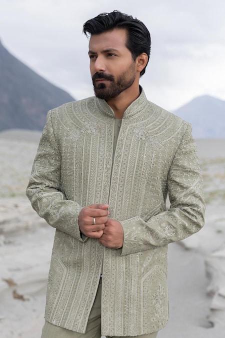 Amit Arora_Green Polyester, Knit Embroidery Hand Bandhgala With Pant _Online_at_Aza_Fashions