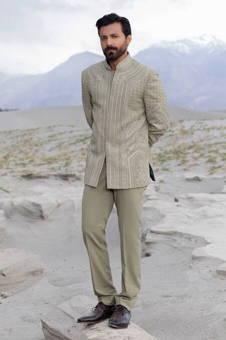 Buy_Amit Arora_Green Polyester, Knit Embroidery Hand Bandhgala With Pant _Online_at_Aza_Fashions