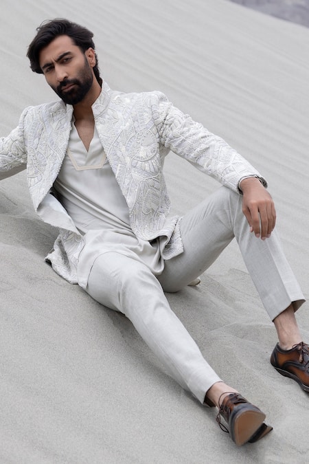 Buy_Amit Arora_Gray Polyester, Modal Embroidery Hand Jacket Kurta Set _Online_at_Aza_Fashions
