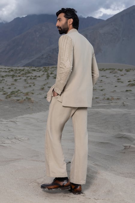 Shop Amit Arora Beige Cotton Embroidery Monotone Hand Jacket Set at Aza Fashions Shop_Amit Arora_Beige Cotton Embroidery Monotone Hand Jacket Set_at_Aza_Fashions