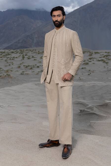 Buy Amit Arora Beige Cotton Embroidery Monotone Hand Jacket Set Online at Aza Fashions Buy_Amit Arora_Beige Cotton Embroidery Monotone Hand Jacket Set_Online_at_Aza_Fashions