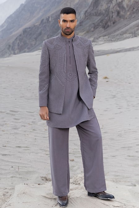 Amit Arora_Gray Cotton Embroidery Hand Jacket Kurta Set _Online_at_Aza_Fashions