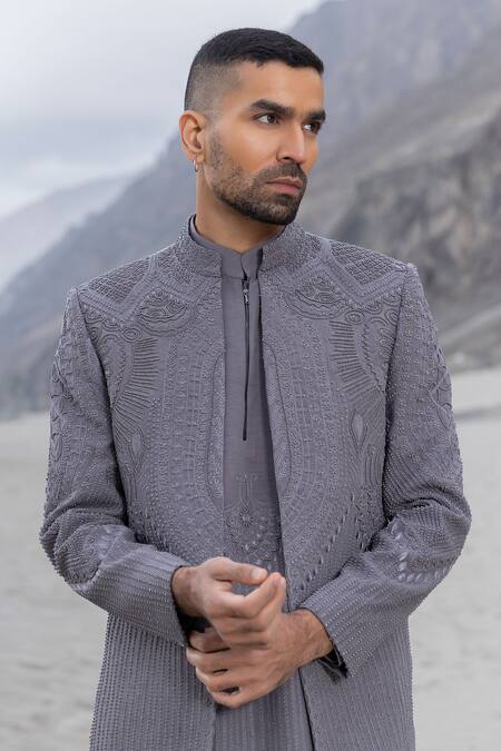 Shop_Amit Arora_Gray Cotton Embroidery Hand Jacket Kurta Set _Online_at_Aza_Fashions