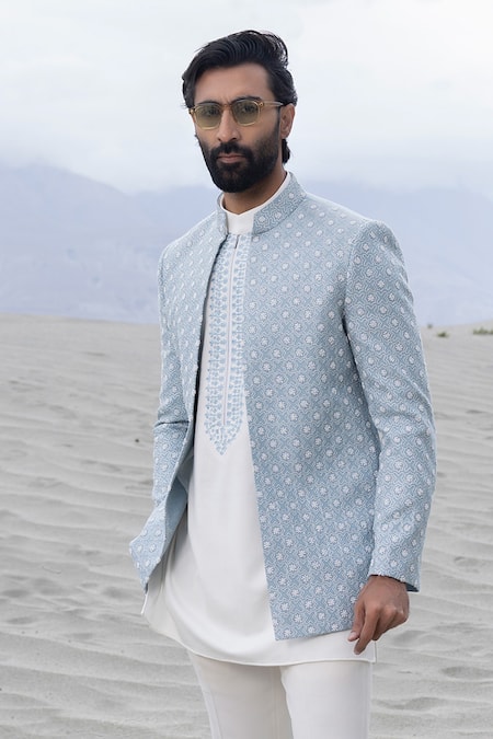 Amit Arora_Sky Blue Silk, Jacquard, Polyester Embroidery Hand Jacket Kurta Set _Online_at_Aza_Fashions