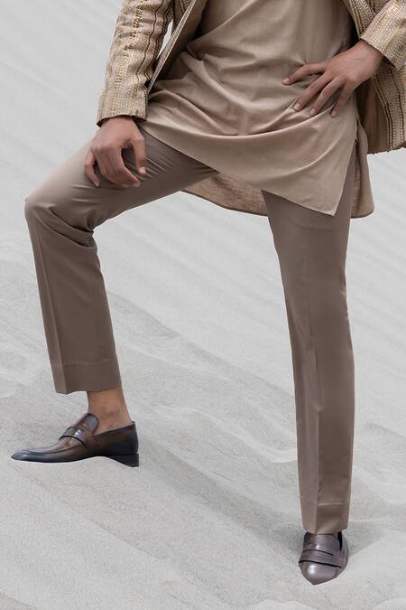 Amit Arora_Beige Silk, Jacquard, Polyester, Knit Embroidery Hand Jacket Kurta Set _Online_at_Aza_Fashions