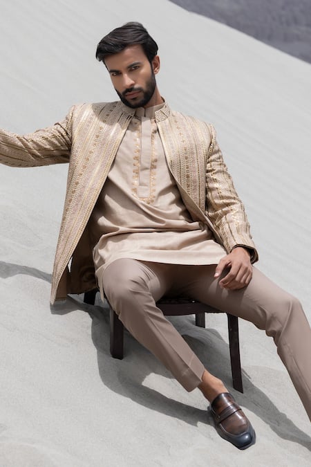 Buy_Amit Arora_Beige Silk, Jacquard, Polyester, Knit Embroidery Hand Jacket Kurta Set _Online_at_Aza_Fashions