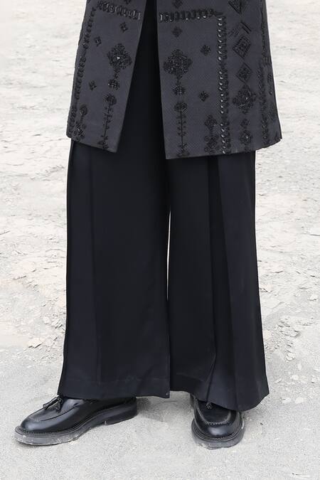 Amit Arora_Black Polyester, Knit, Modal, Twill Embroidery Monotone Hand Shewani With Pant _Online_at_Aza_Fashions