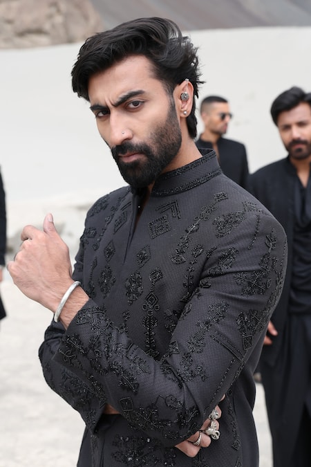 Buy_Amit Arora_Black Polyester, Knit, Modal, Twill Embroidery Monotone Hand Shewani With Pant _Online_at_Aza_Fashions