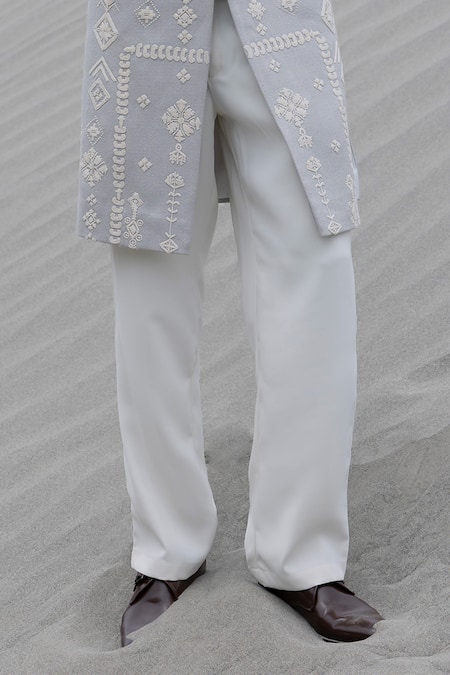 Amit Arora_Gray Knit, Modal, Twill Embroidery Hand Sherwani With Pant _Online_at_Aza_Fashions