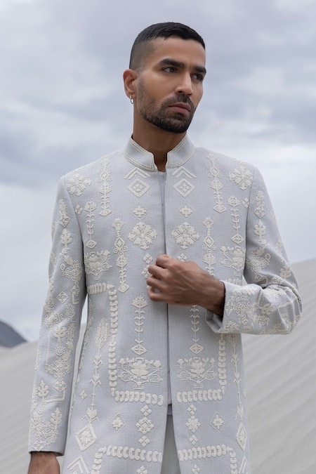 Buy_Amit Arora_Gray Knit, Modal, Twill Embroidery Hand Sherwani With Pant _Online_at_Aza_Fashions