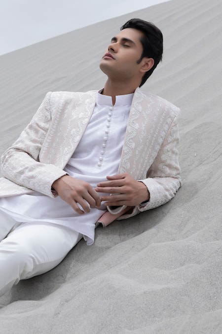 Amit Arora_Pink Knit, Silk, Polyester Embroidery Hand Jacket Kurta Set _Online_at_Aza_Fashions