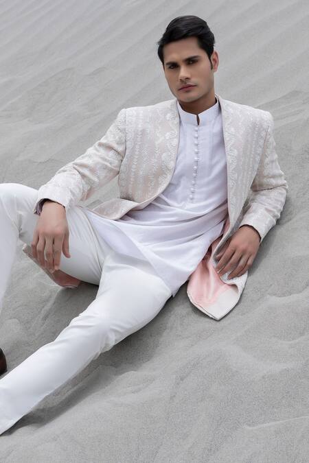 Buy_Amit Arora_Pink Knit, Silk, Polyester Embroidery Hand Jacket Kurta Set _Online_at_Aza_Fashions