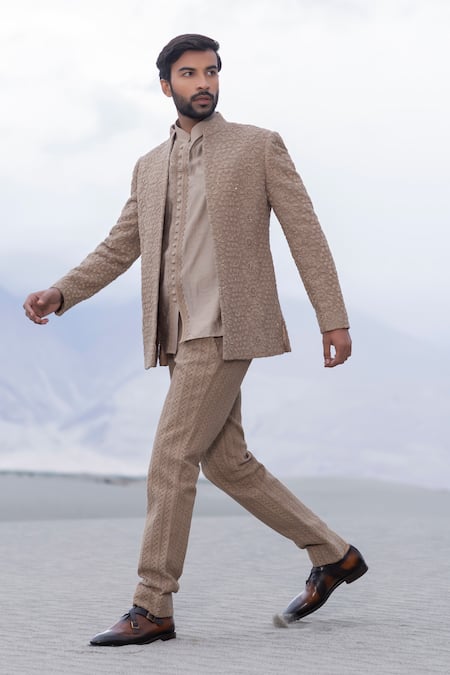 Amit Arora_Beige Polyester, Knit, Silk Embroidery Hand Opean Jacket With Kurta Set _Online_at_Aza_Fashions