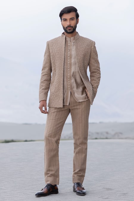 Buy_Amit Arora_Beige Polyester, Knit, Silk Embroidery Hand Opean Jacket With Kurta Set _Online_at_Aza_Fashions