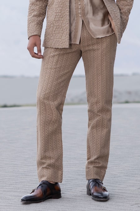 Shop_Amit Arora_Beige Polyester, Knit, Silk Embroidery Hand Opean Jacket With Kurta Set _Online_at_Aza_Fashions