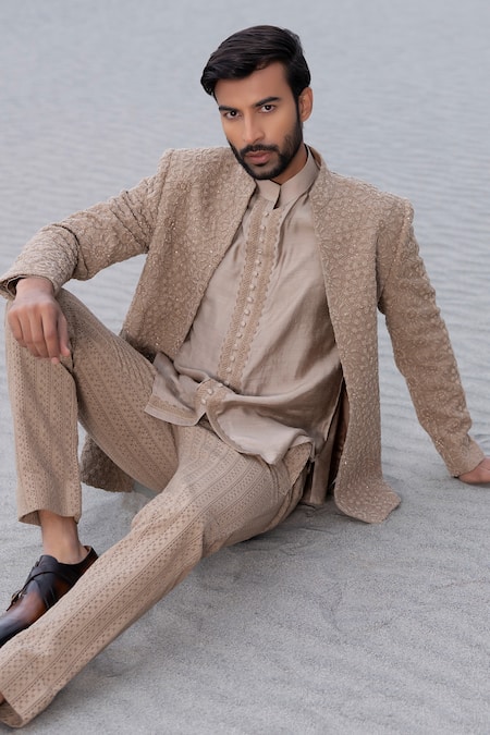 Amit Arora_Beige Polyester, Knit, Silk Embroidery Hand Opean Jacket With Kurta Set _at_Aza_Fashions