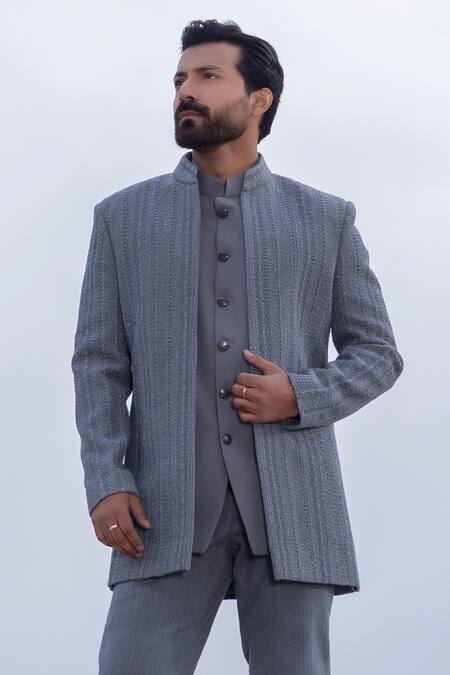 Amit Arora_Gray Polyester, Knit, Cotton Embroidery Hand Opean Jacket With Kurta Set _Online_at_Aza_Fashions