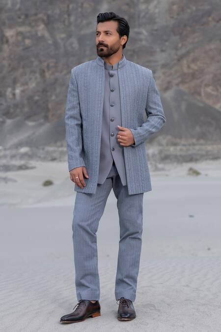 Shop_Amit Arora_Gray Polyester, Knit, Cotton Embroidery Hand Opean Jacket With Kurta Set _Online_at_Aza_Fashions