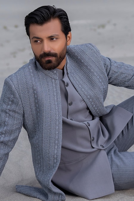Amit Arora_Gray Polyester, Knit, Cotton Embroidery Hand Opean Jacket With Kurta Set _at_Aza_Fashions