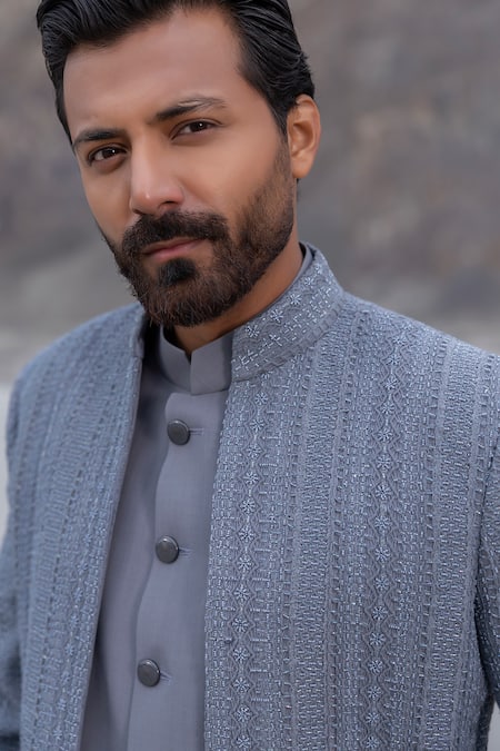 Buy_Amit Arora_Gray Polyester, Knit, Cotton Embroidery Hand Opean Jacket With Kurta Set 
