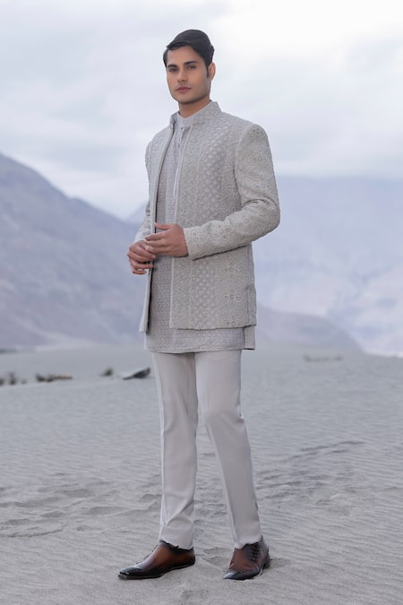 Amit Arora_Gray Polyester, Knit Embroidery Hand Opean Jacket With Kurta Set _Online_at_Aza_Fashions