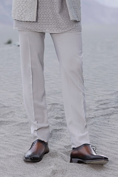 Buy_Amit Arora_Gray Polyester, Knit Embroidery Hand Opean Jacket With Kurta Set _Online_at_Aza_Fashions