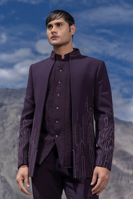 Buy_Amit Arora_Purple Polyester, Knit Embroidery Hand Opean Jacket With Kurta Set _Online_at_Aza_Fashions