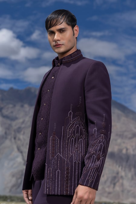 Shop_Amit Arora_Purple Polyester, Knit Embroidery Hand Opean Jacket With Kurta Set _Online_at_Aza_Fashions