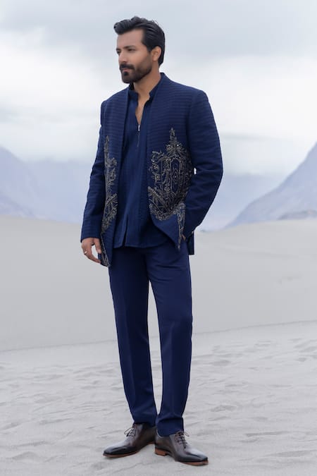 Buy_Amit Arora_Navy Polyester, Knit Embroidery Hand Opean Jacket With Kurta Set _Online_at_Aza_Fashions