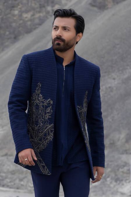 Shop_Amit Arora_Navy Polyester, Knit Embroidery Hand Opean Jacket With Kurta Set _Online_at_Aza_Fashions