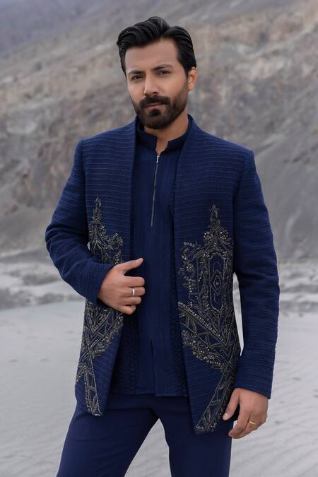 Amit Arora_Navy Polyester, Knit Embroidery Hand Opean Jacket With Kurta Set _at_Aza_Fashions
