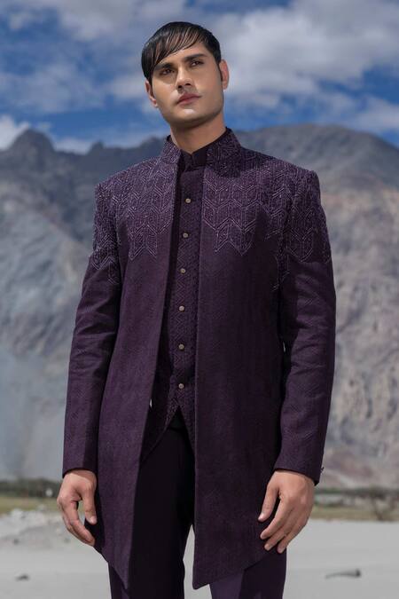 Shop_Amit Arora_Purple Polyester, Knit Embroidery Hand Opean Jacket Set _Online_at_Aza_Fashions