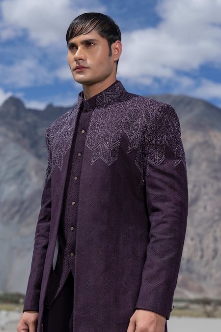 Amit Arora_Purple Polyester, Knit Embroidery Hand Opean Jacket Set _at_Aza_Fashions
