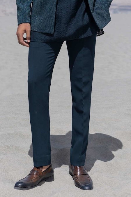 Amit Arora_Turquoise Polyester, Knit Embroidery Hand Opean Jacket With Kurta Set _Online_at_Aza_Fashions