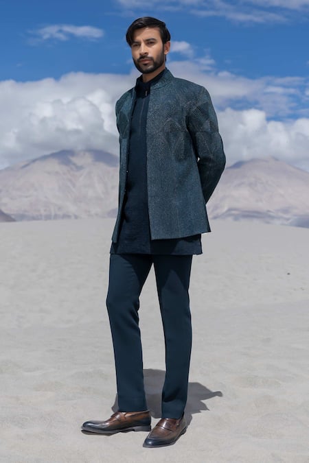 Buy_Amit Arora_Turquoise Polyester, Knit Embroidery Hand Opean Jacket With Kurta Set _Online_at_Aza_Fashions