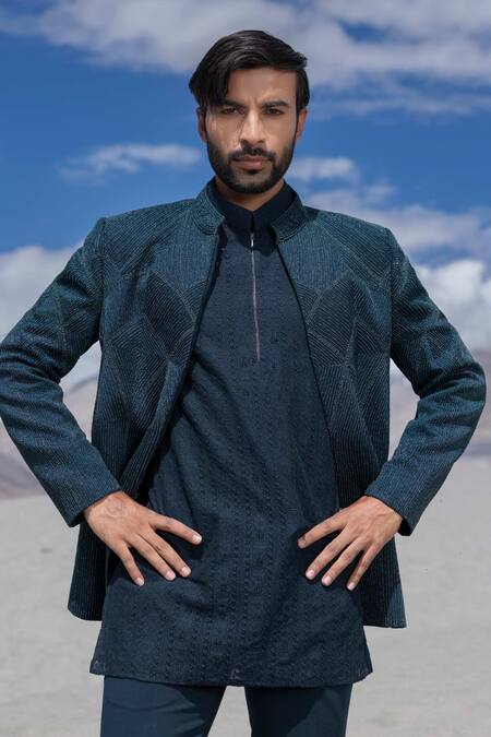Shop_Amit Arora_Turquoise Polyester, Knit Embroidery Hand Opean Jacket With Kurta Set _Online_at_Aza_Fashions